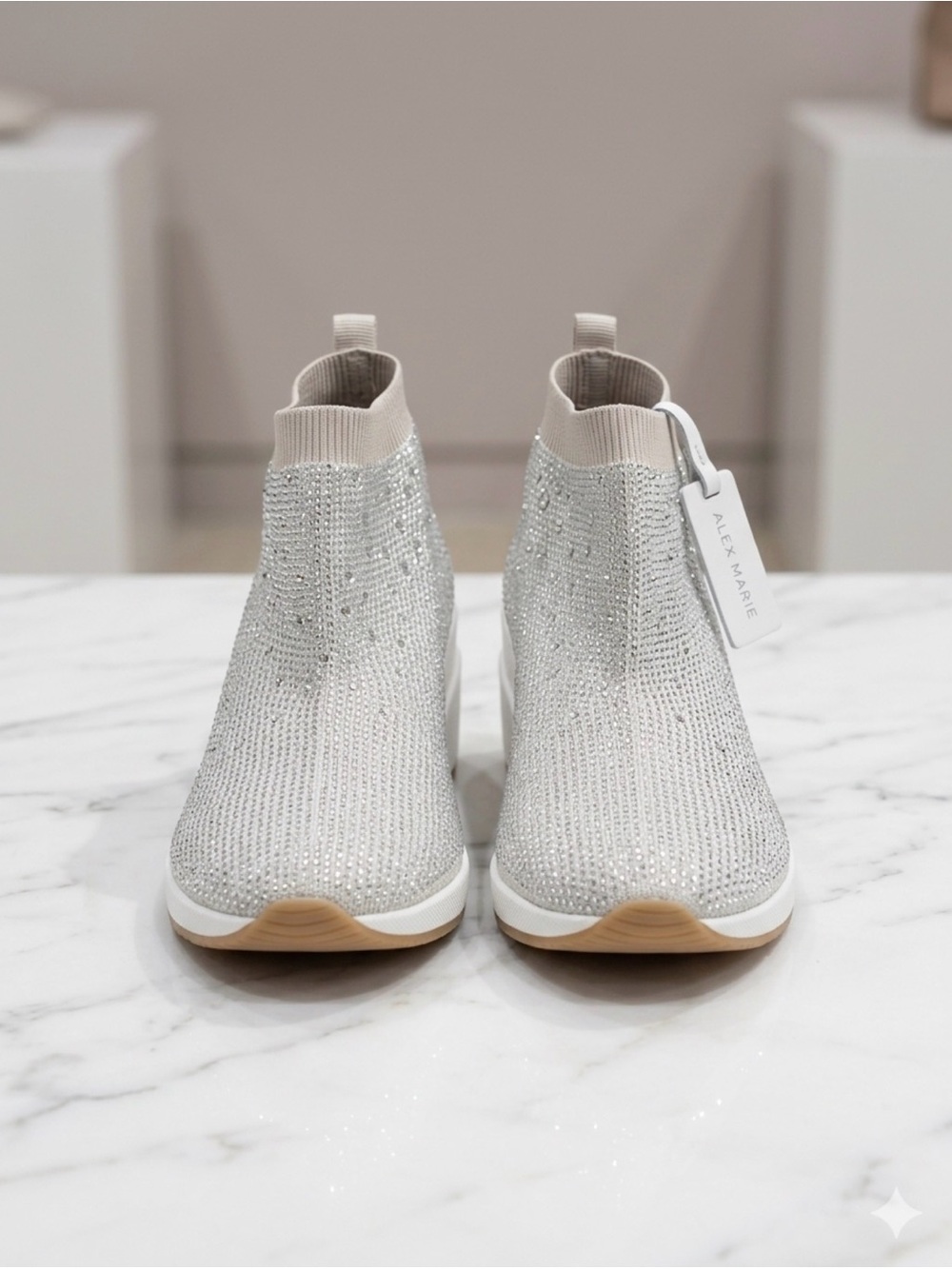 Alex Marie Halika Rhinestone Wedge Taupe & Silver Knit Slip-On Sneakers-SZ 9.5